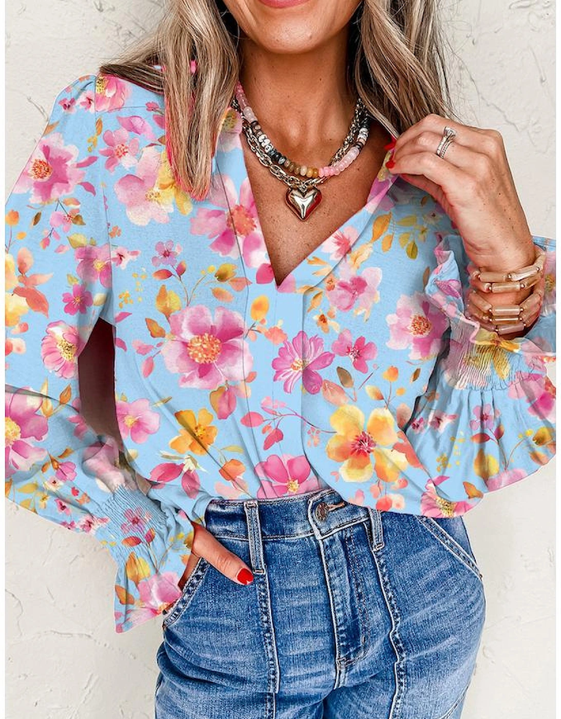 Sky Blue Floral Smocked Cuff Flounce Sleeve V Neck Blouse