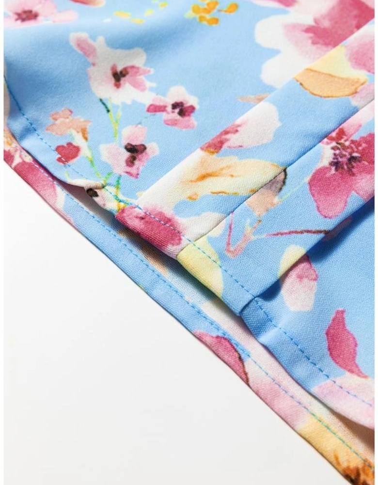 Sky Blue Floral Smocked Cuff Flounce Sleeve V Neck Blouse