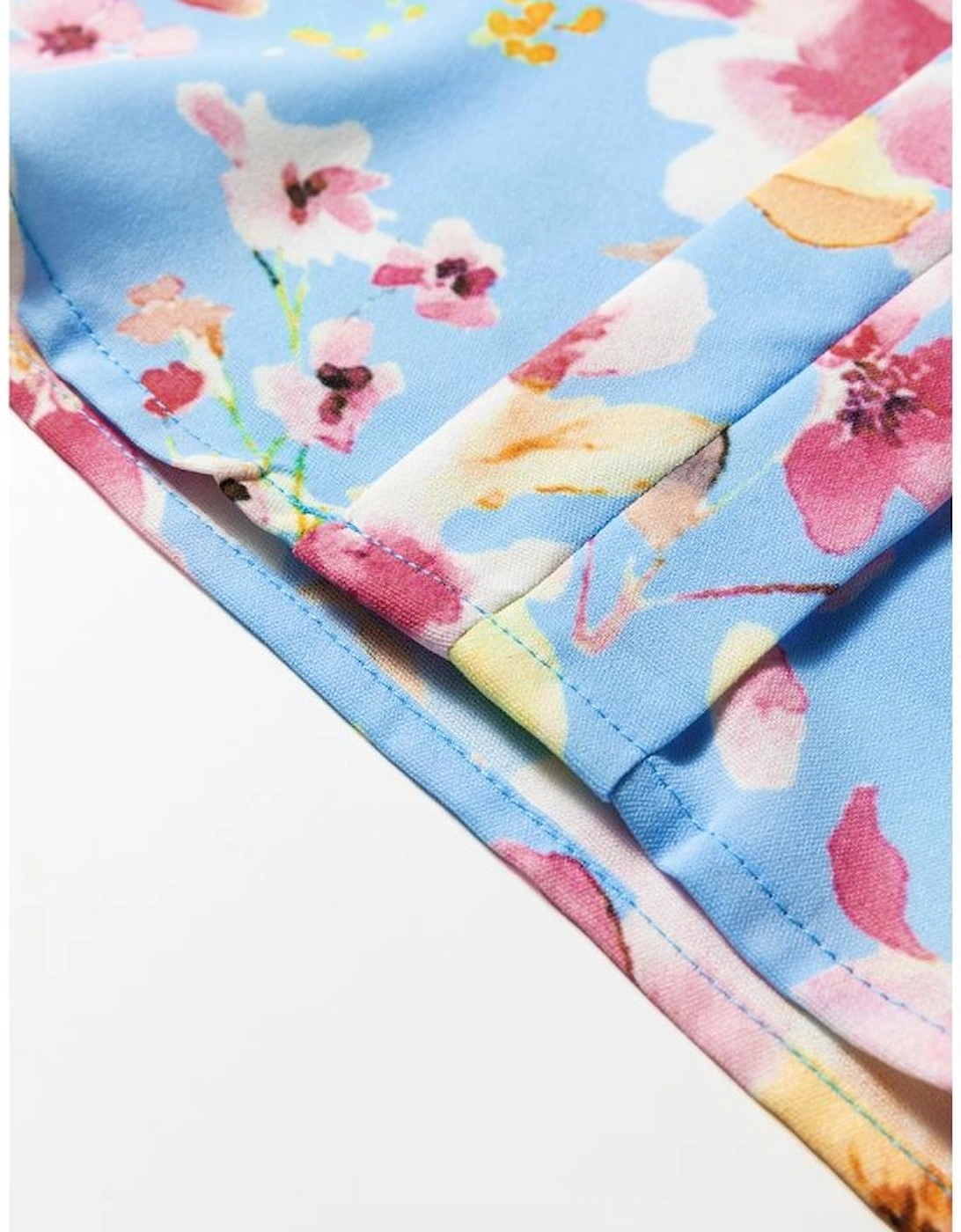 Sky Blue Floral Smocked Cuff Flounce Sleeve V Neck Blouse