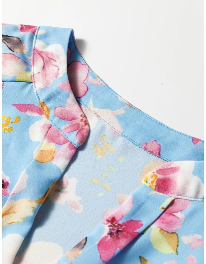 Sky Blue Floral Smocked Cuff Flounce Sleeve V Neck Blouse