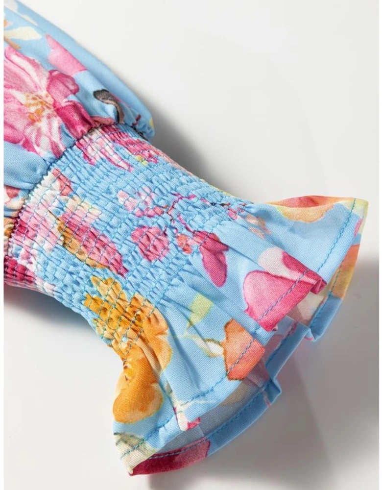 Sky Blue Floral Smocked Cuff Flounce Sleeve V Neck Blouse