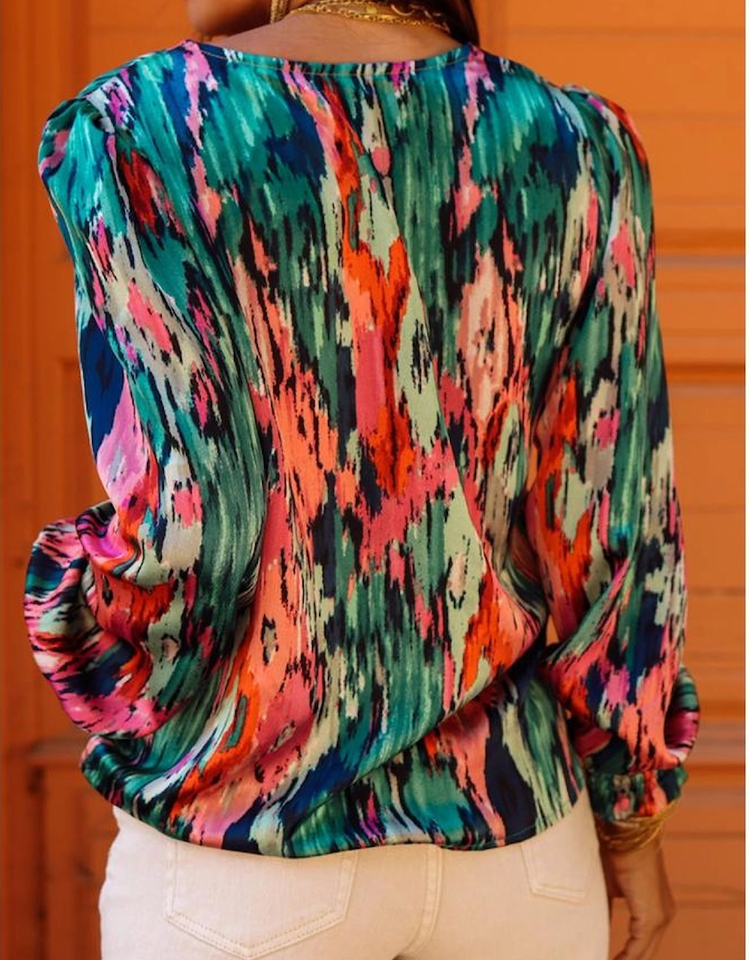 Green V Neck Abstract Print Long Sleeve Shirt
