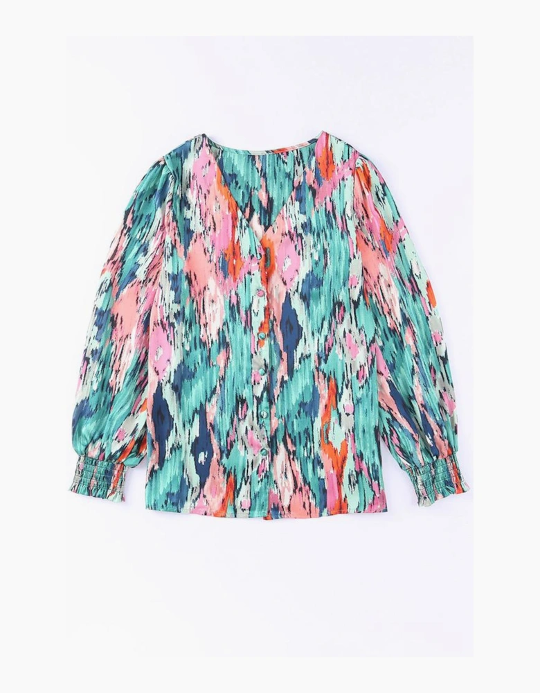 Green V Neck Abstract Print Long Sleeve Shirt