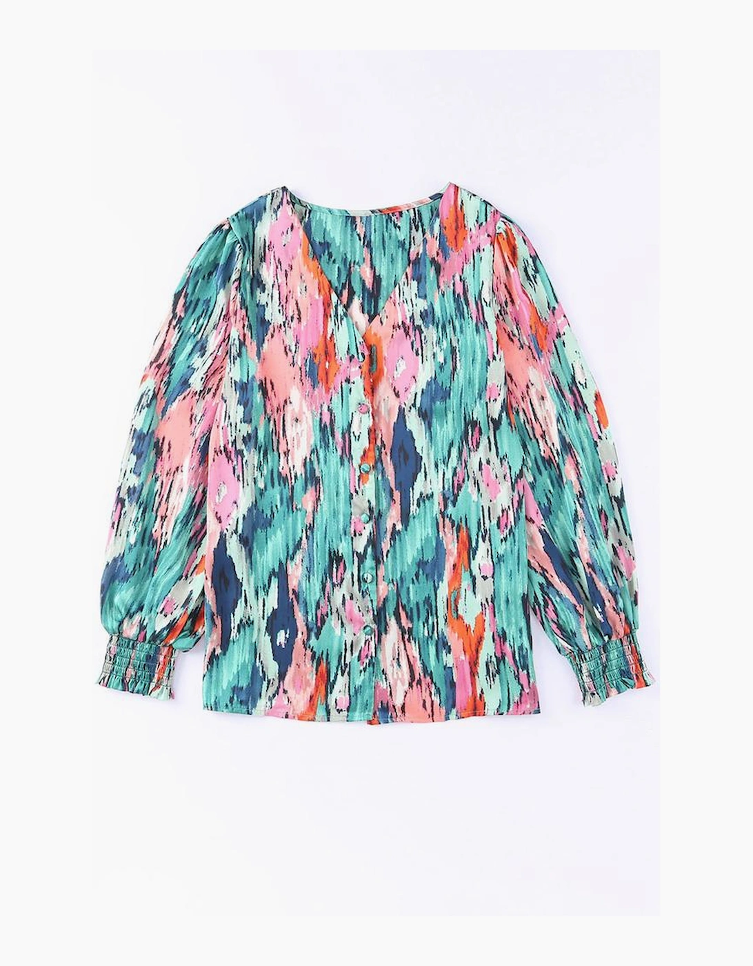 Green V Neck Abstract Print Long Sleeve Shirt