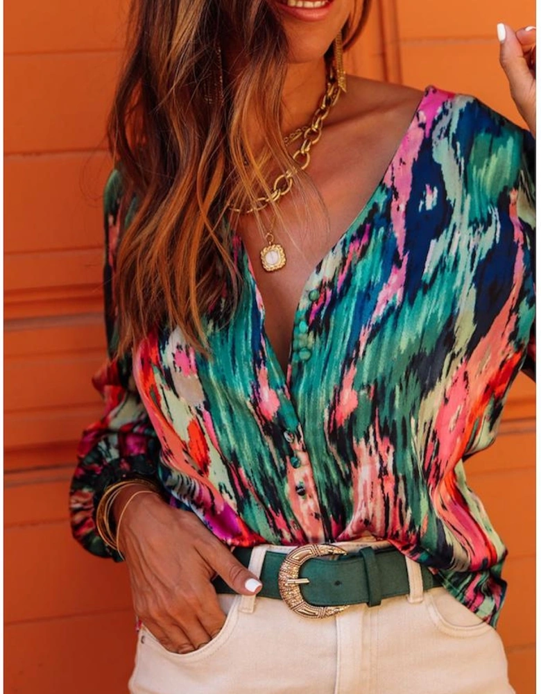 Green V Neck Abstract Print Long Sleeve Shirt