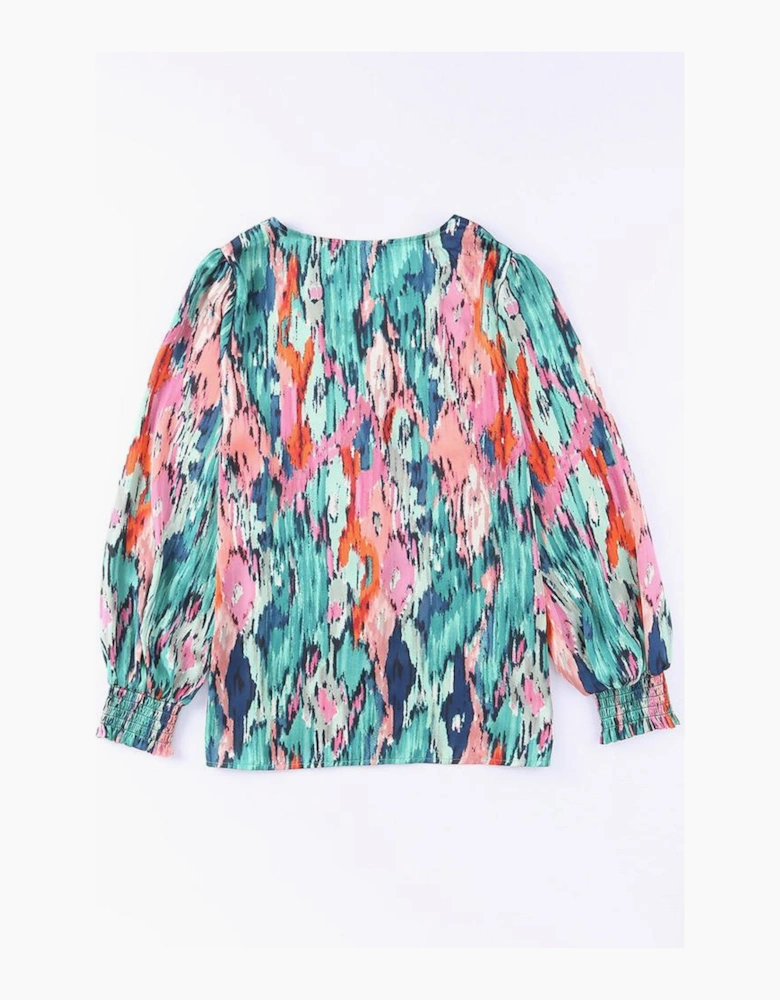Green V Neck Abstract Print Long Sleeve Shirt