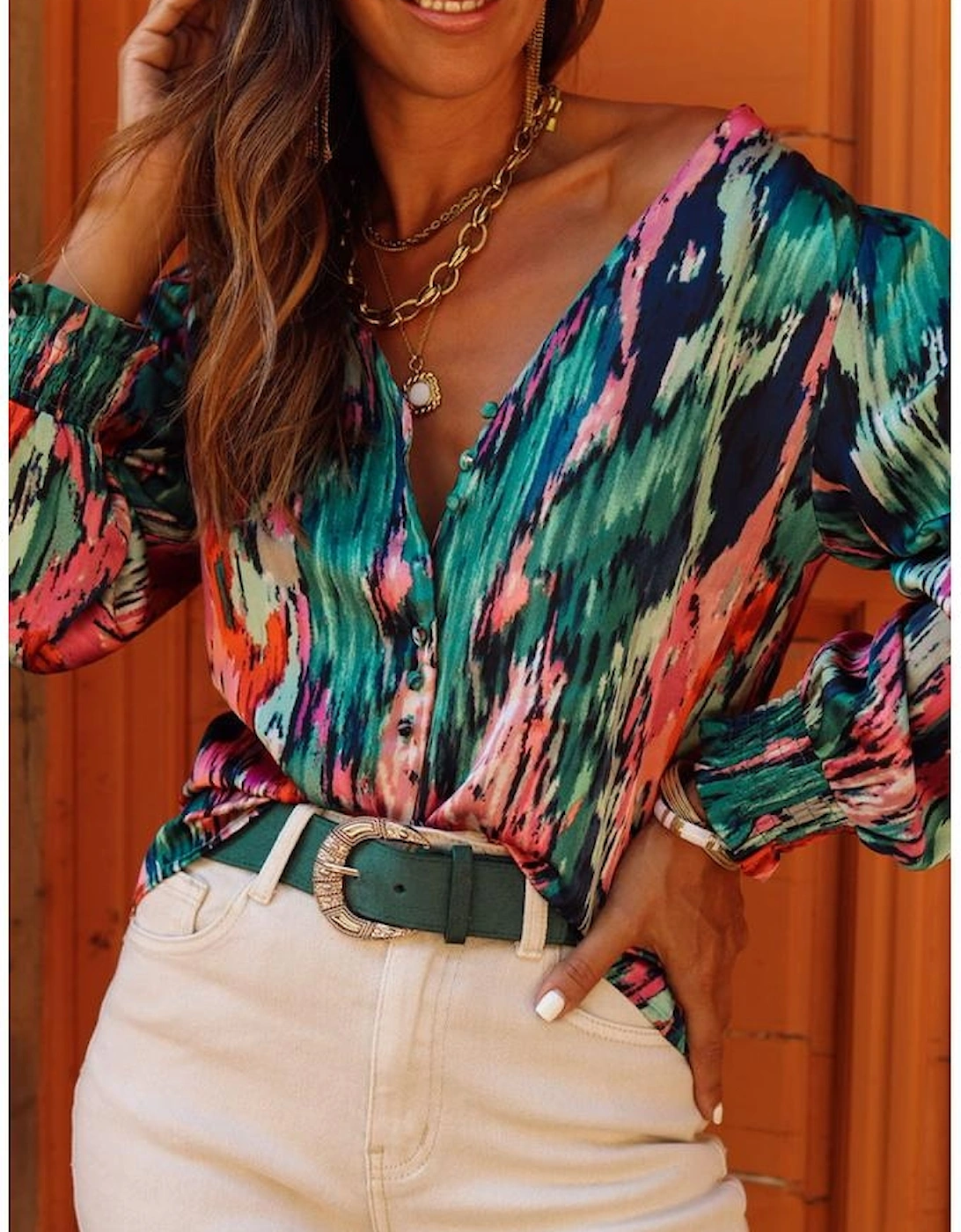 Green V Neck Abstract Print Long Sleeve Shirt