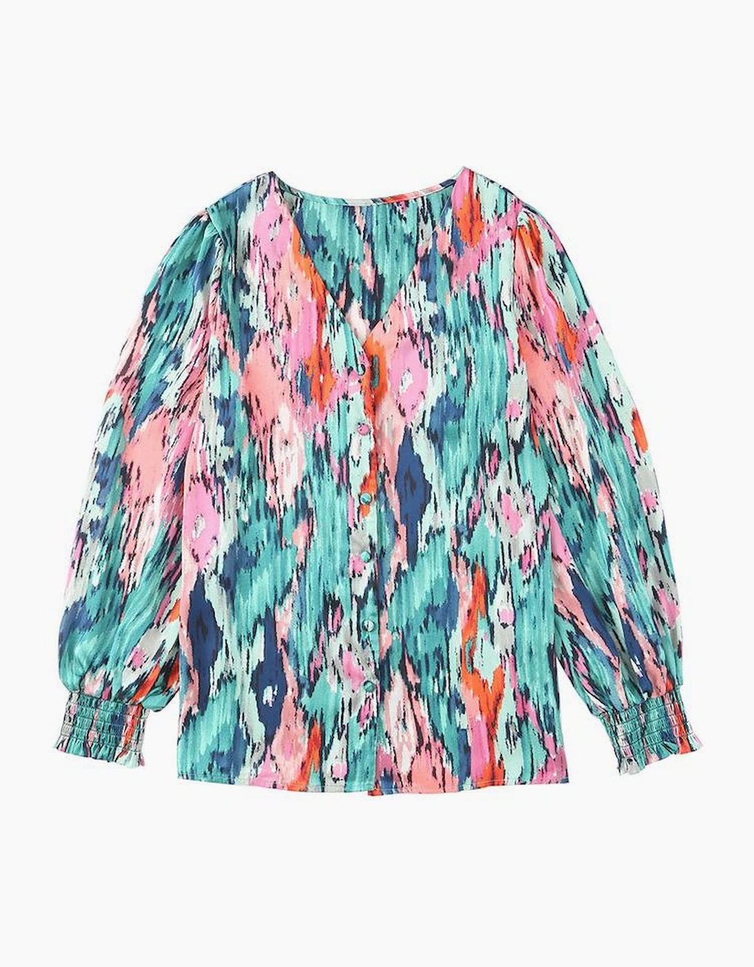 Green V Neck Abstract Print Long Sleeve Shirt