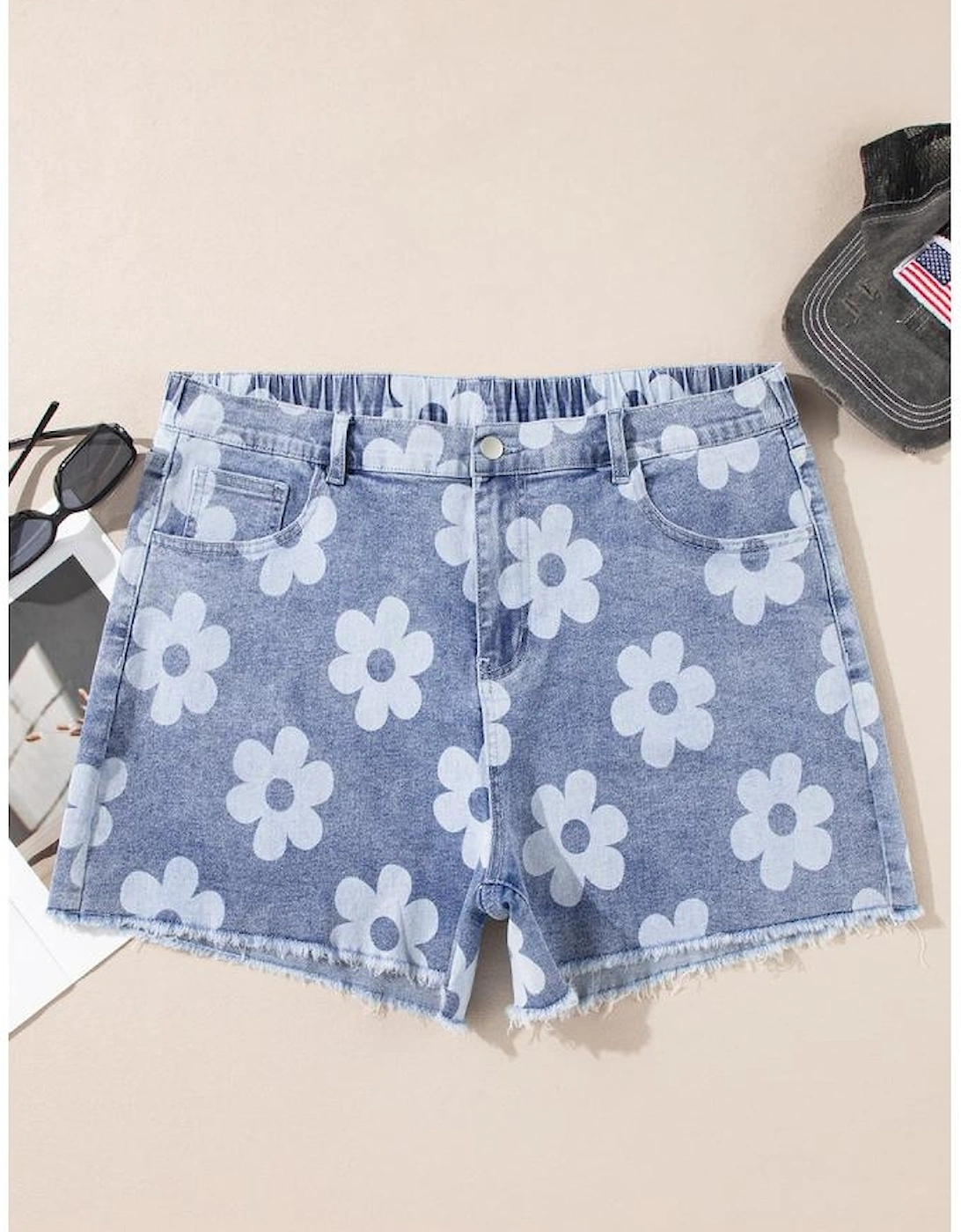 Ashleigh Blue Floral Pattern High Waist Raw Hem Plus Size Denim Shorts