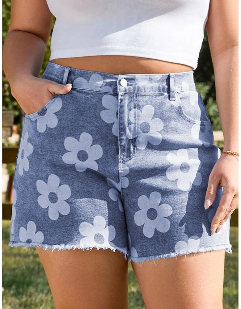 Ashleigh Blue Floral Pattern High Waist Raw Hem Plus Size Denim Shorts