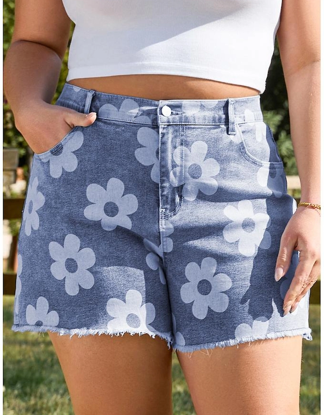 Ashleigh Blue Floral Pattern High Waist Raw Hem Plus Size Denim Shorts