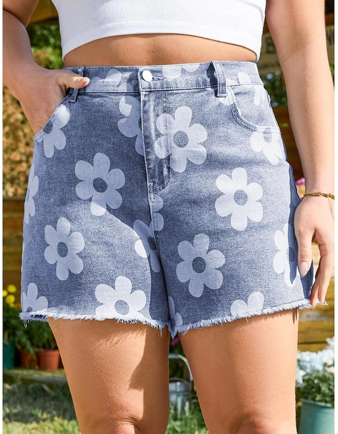 Ashleigh Blue Floral Pattern High Waist Raw Hem Plus Size Denim Shorts