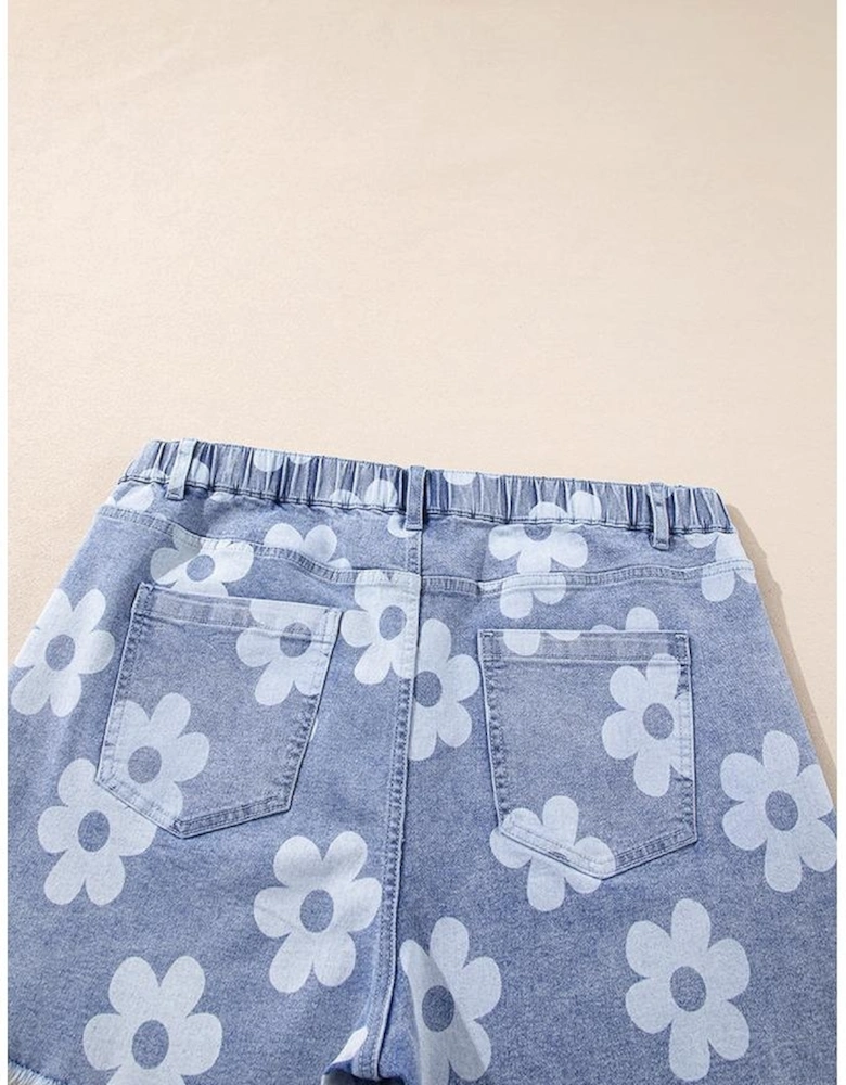 Ashleigh Blue Floral Pattern High Waist Raw Hem Plus Size Denim Shorts