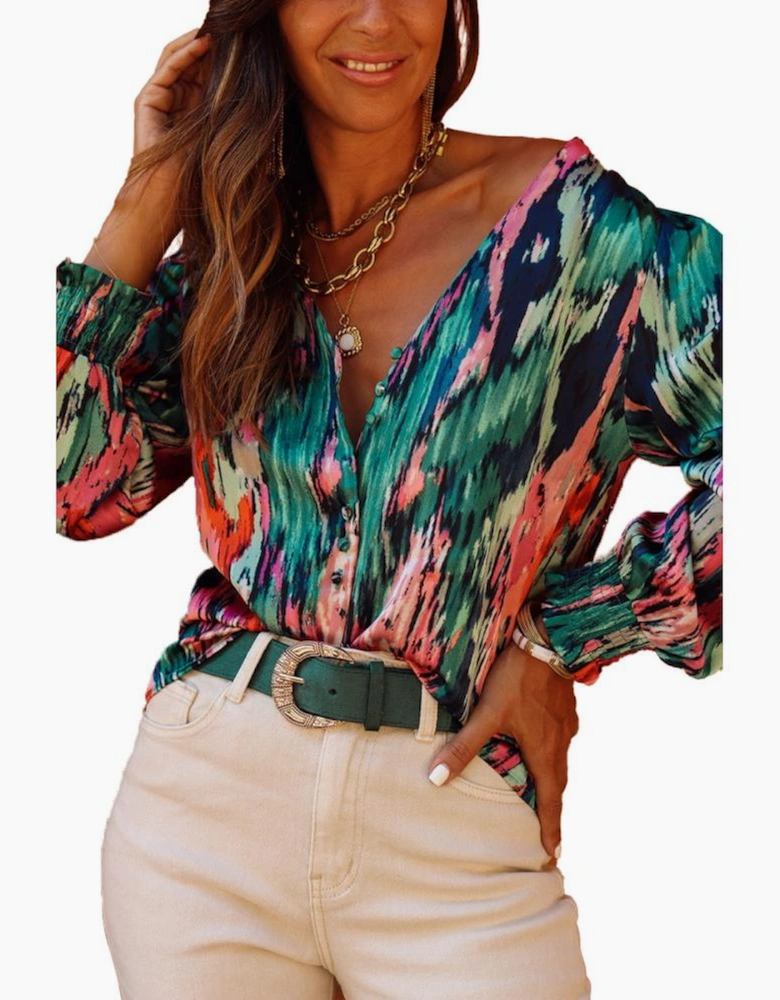 Green V Neck Abstract Print Long Sleeve Shirt