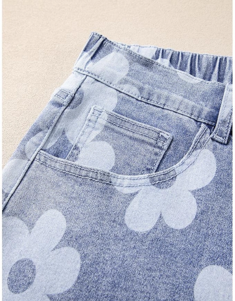 Ashleigh Blue Floral Pattern High Waist Raw Hem Plus Size Denim Shorts