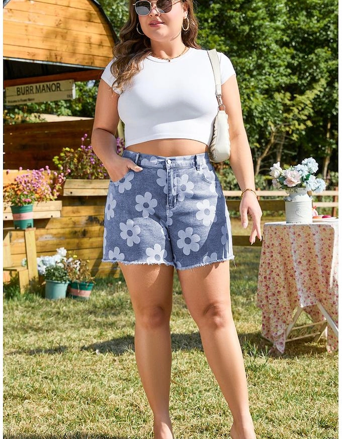 Ashleigh Blue Floral Pattern High Waist Raw Hem Plus Size Denim Shorts