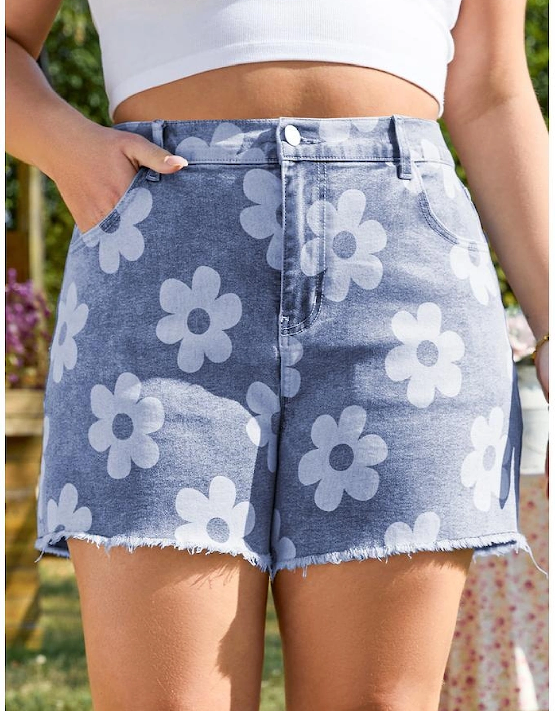 Ashleigh Blue Floral Pattern High Waist Raw Hem Plus Size Denim Shorts