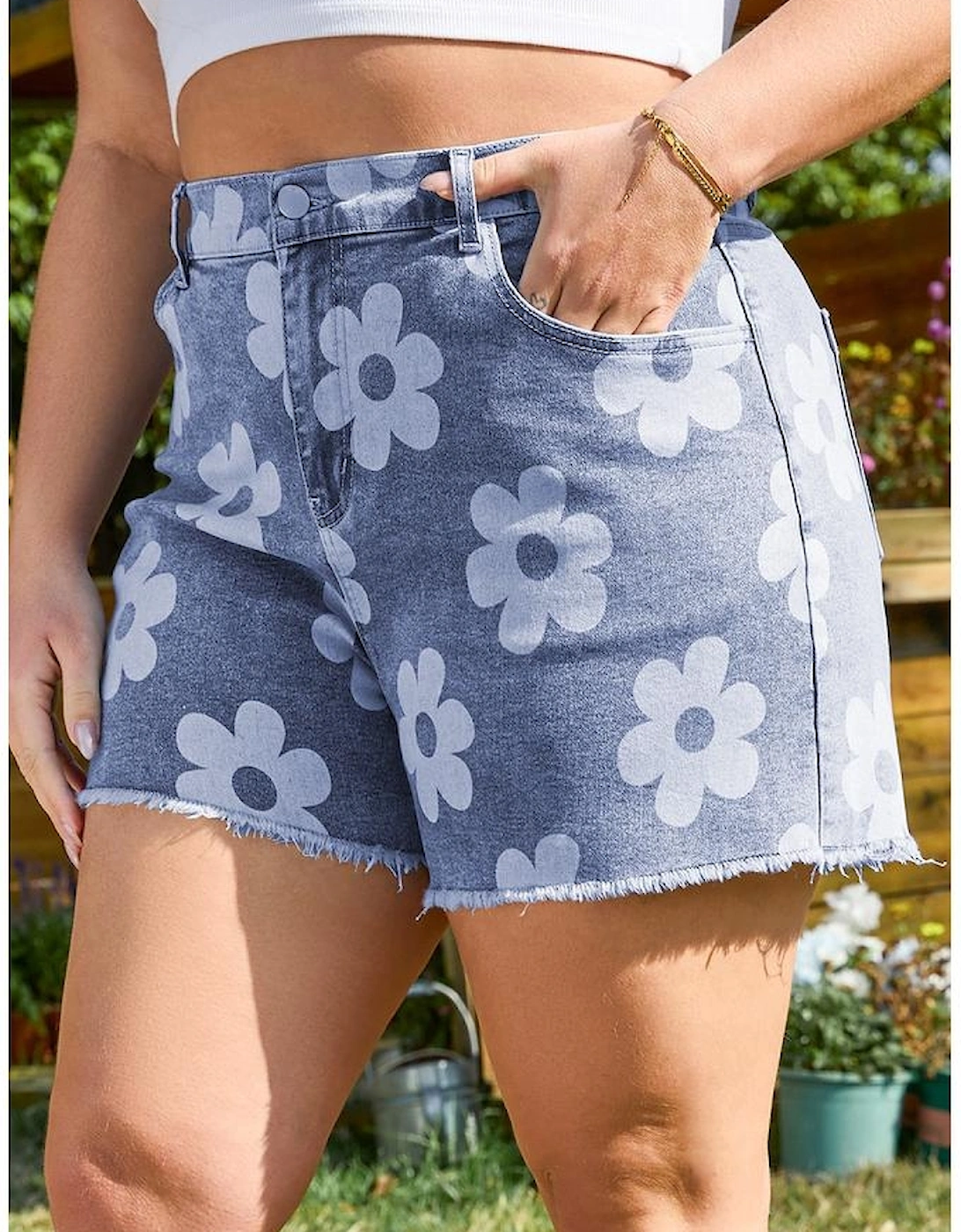 Ashleigh Blue Floral Pattern High Waist Raw Hem Plus Size Denim Shorts, 15 of 14