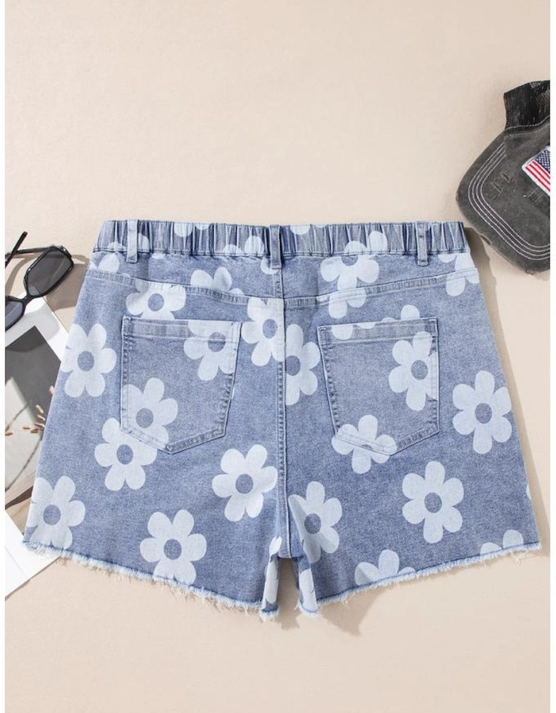 Ashleigh Blue Floral Pattern High Waist Raw Hem Plus Size Denim Shorts