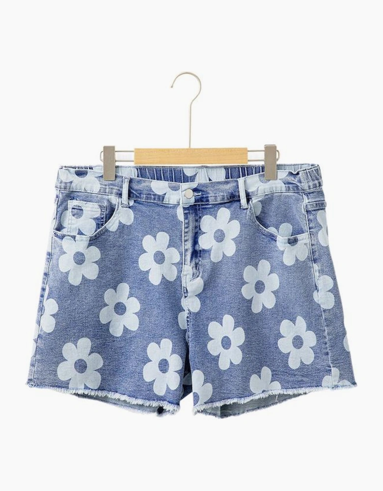 Ashleigh Blue Floral Pattern High Waist Raw Hem Plus Size Denim Shorts