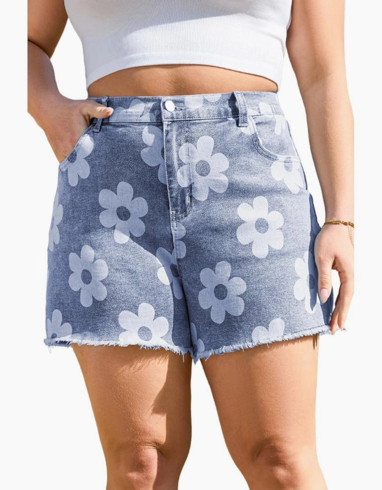 Ashleigh Blue Floral Pattern High Waist Raw Hem Plus Size Denim Shorts