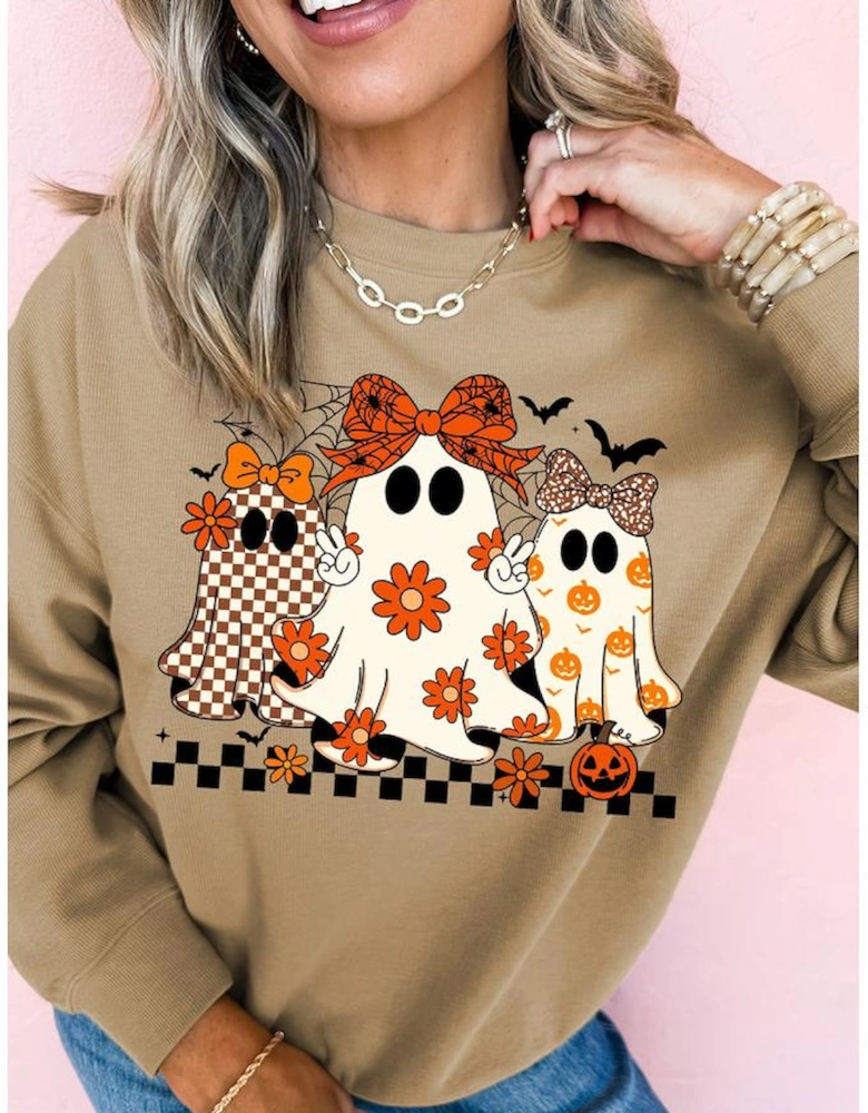 Khaki Cute Halloween Ghost Printed Drop Shoulder Baggy Sweatshirt