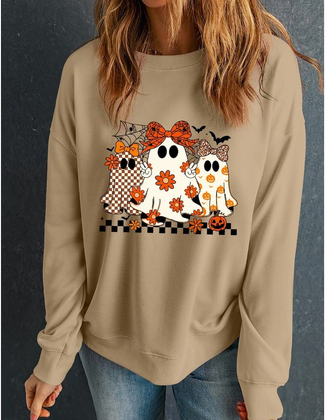 Khaki Cute Halloween Ghost Printed Drop Shoulder Baggy Sweatshirt