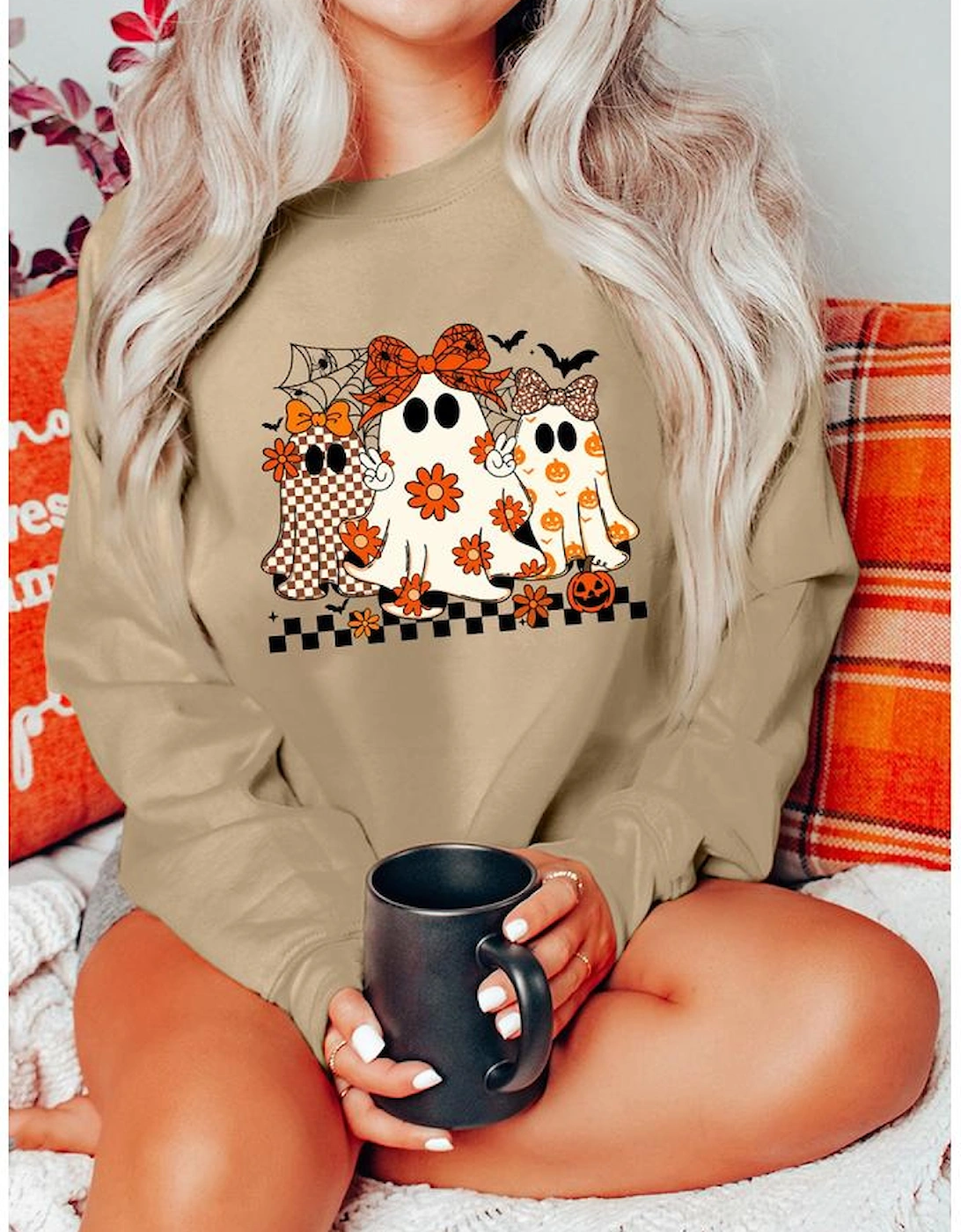 Khaki Cute Halloween Ghost Printed Drop Shoulder Baggy Sweatshirt, 6 of 5