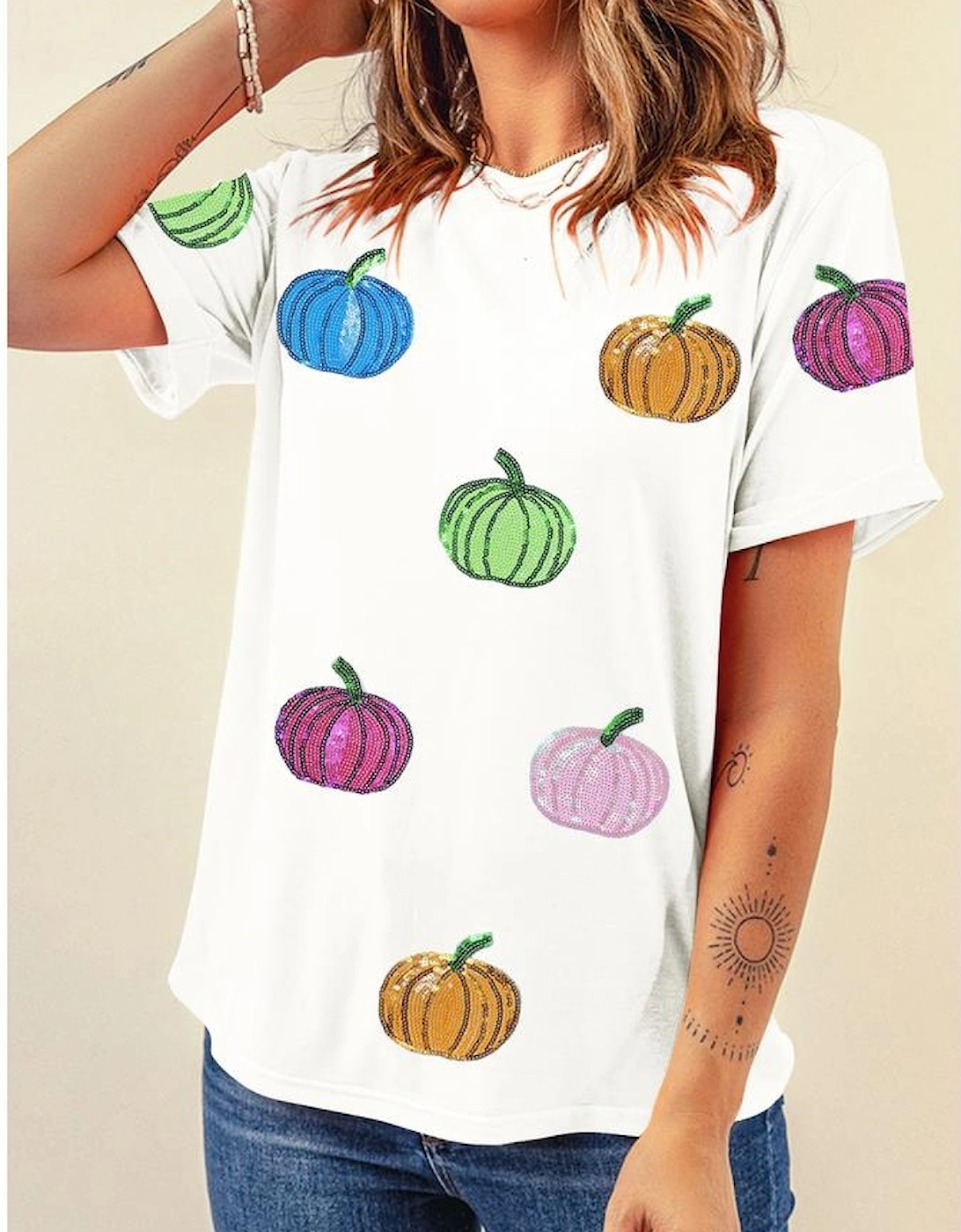 White Sequin Pumpkin Patched Cotton Blend T Shirt