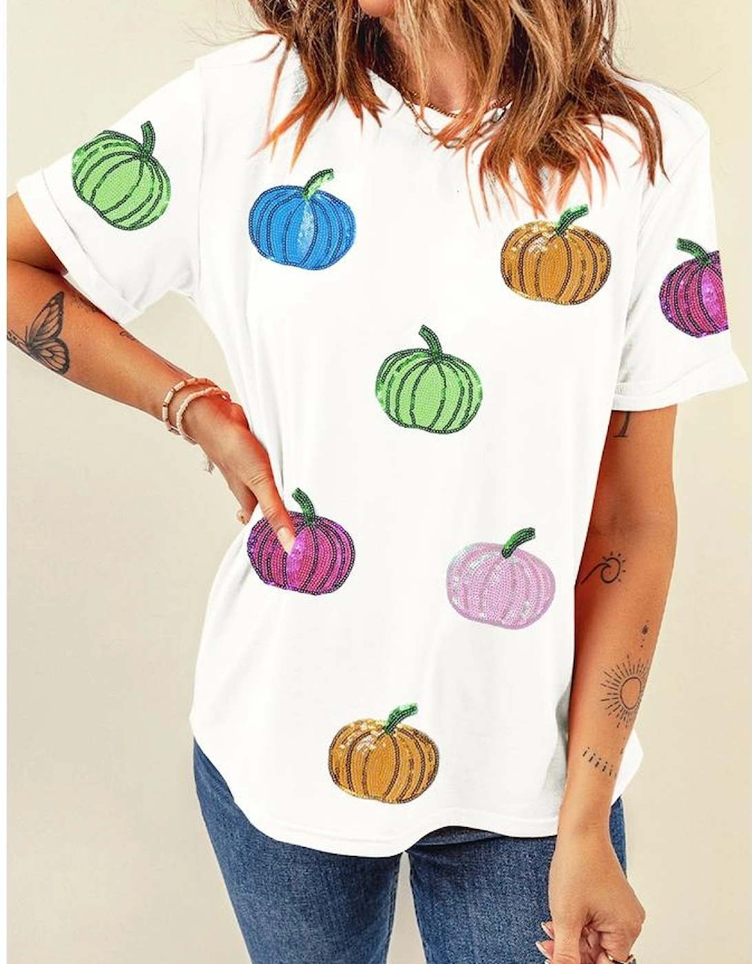 White Sequin Pumpkin Patched Cotton Blend T Shirt