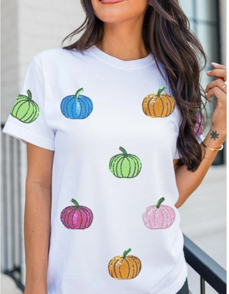 White Sequin Pumpkin Patched Cotton Blend T Shirt