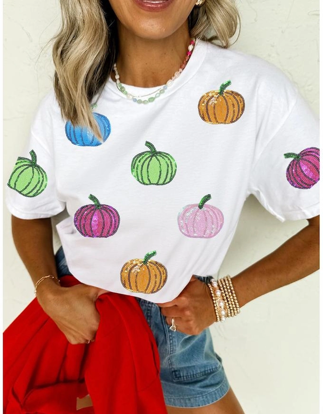 White Sequin Pumpkin Patched Cotton Blend T Shirt