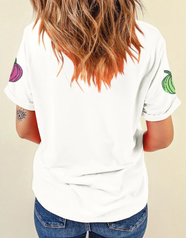 White Sequin Pumpkin Patched Cotton Blend T Shirt