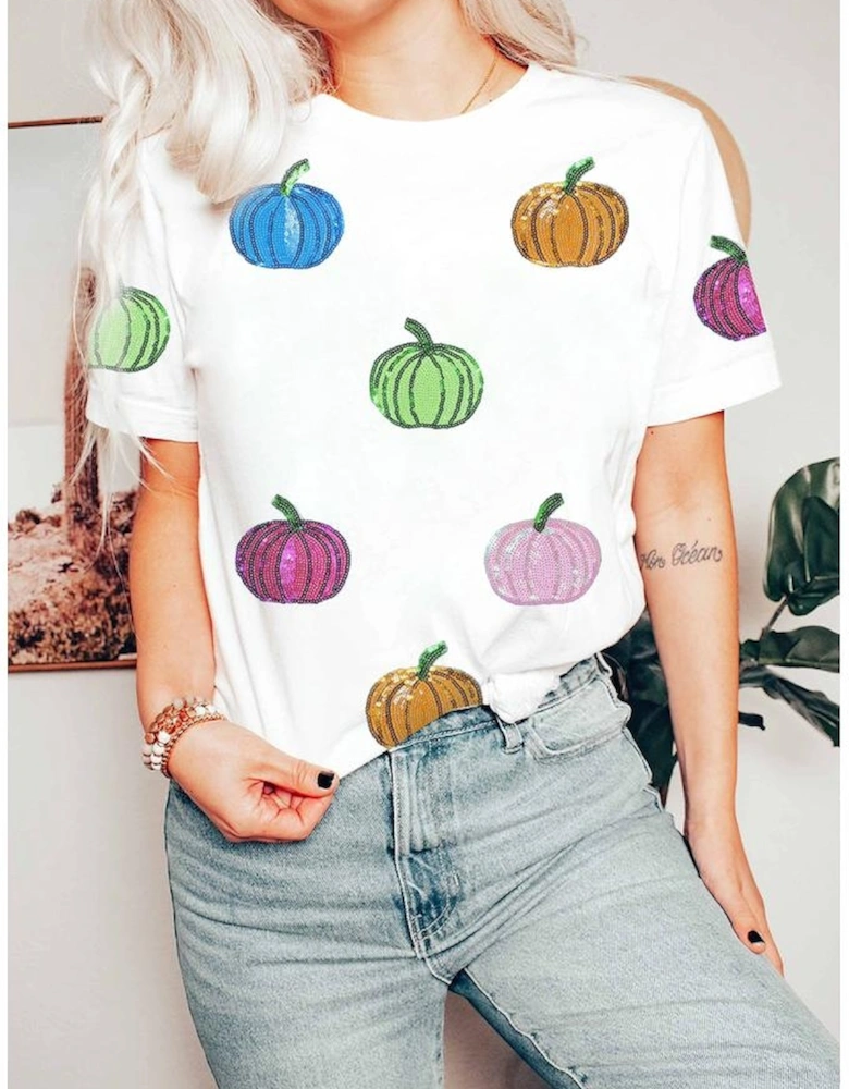 White Sequin Pumpkin Patched Cotton Blend T Shirt