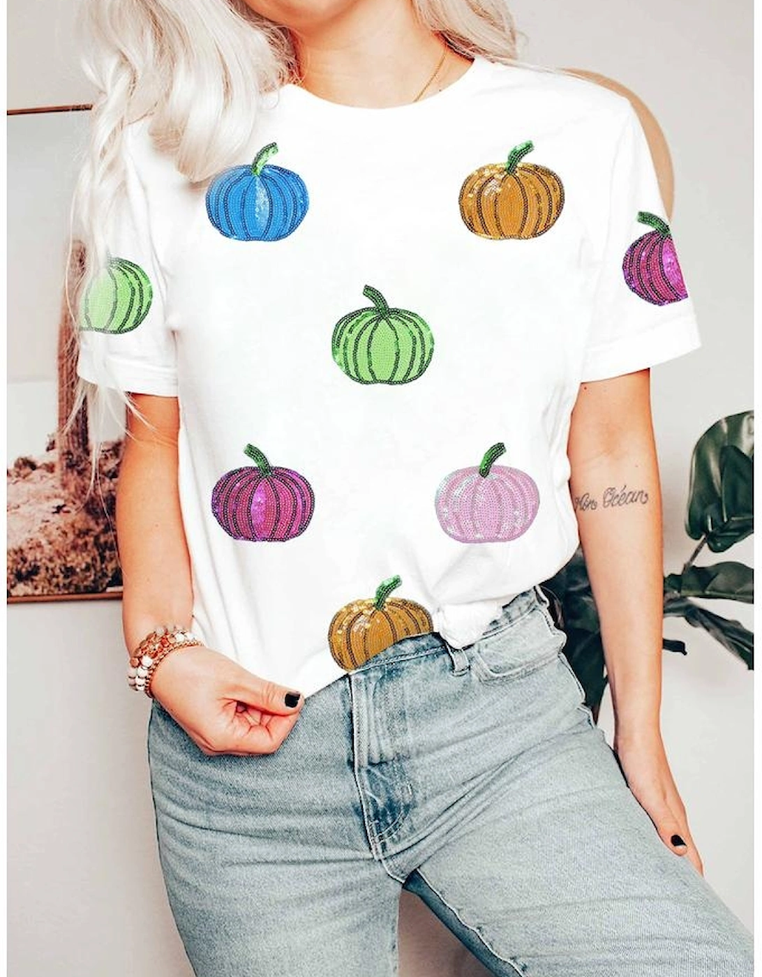 White Sequin Pumpkin Patched Cotton Blend T Shirt