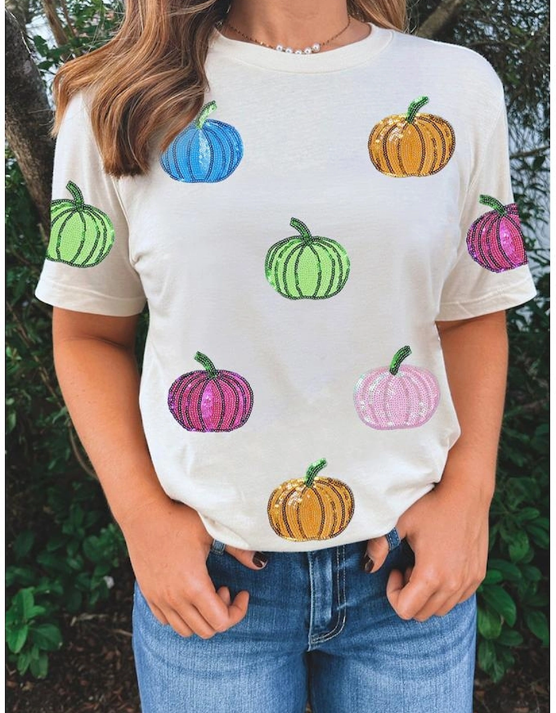 White Sequin Pumpkin Patched Cotton Blend T Shirt