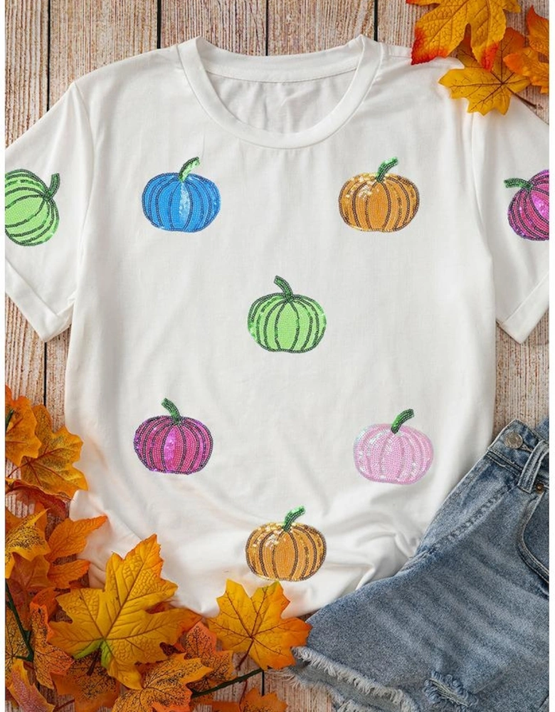 White Sequin Pumpkin Patched Cotton Blend T Shirt
