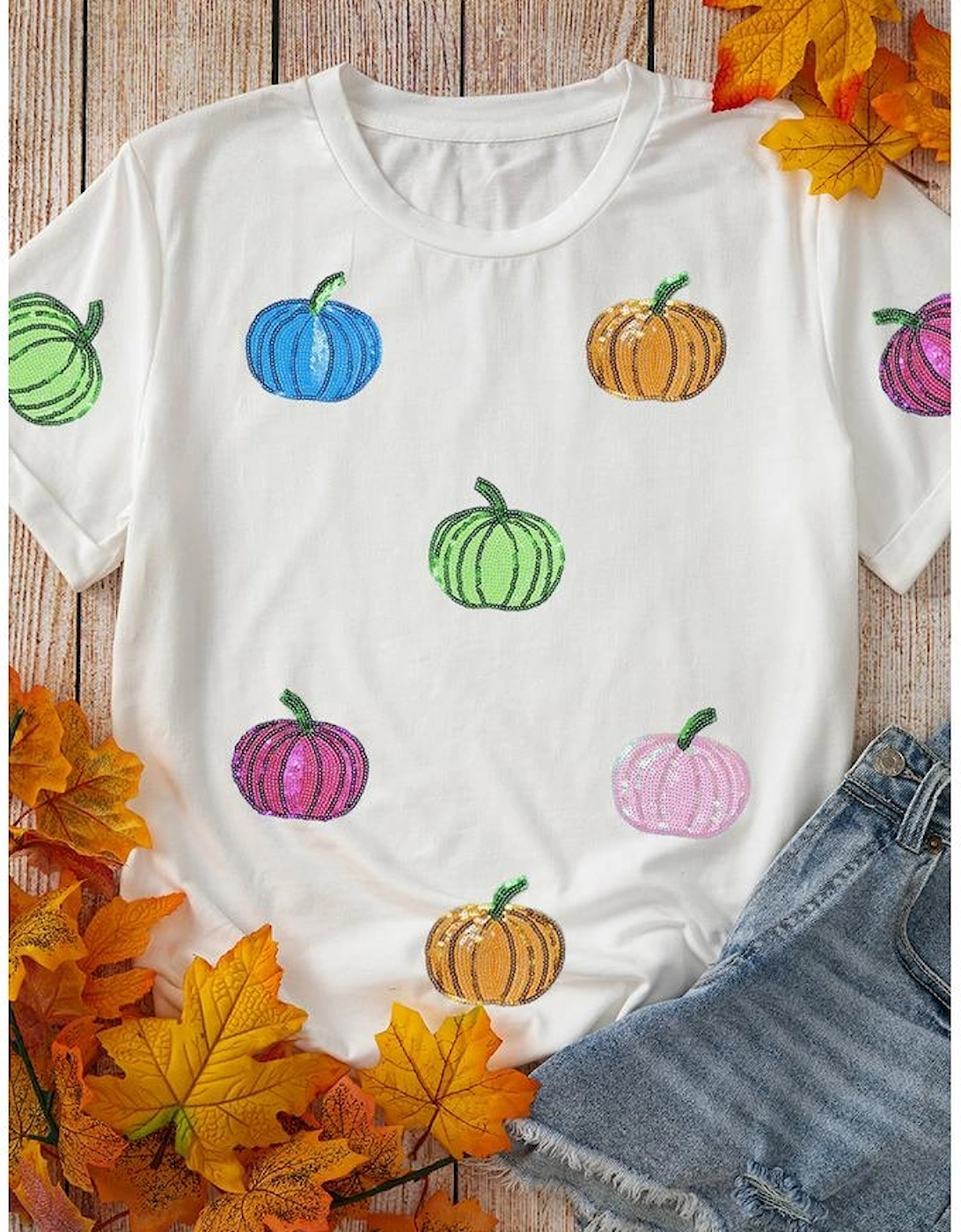 White Sequin Pumpkin Patched Cotton Blend T Shirt, 10 of 9