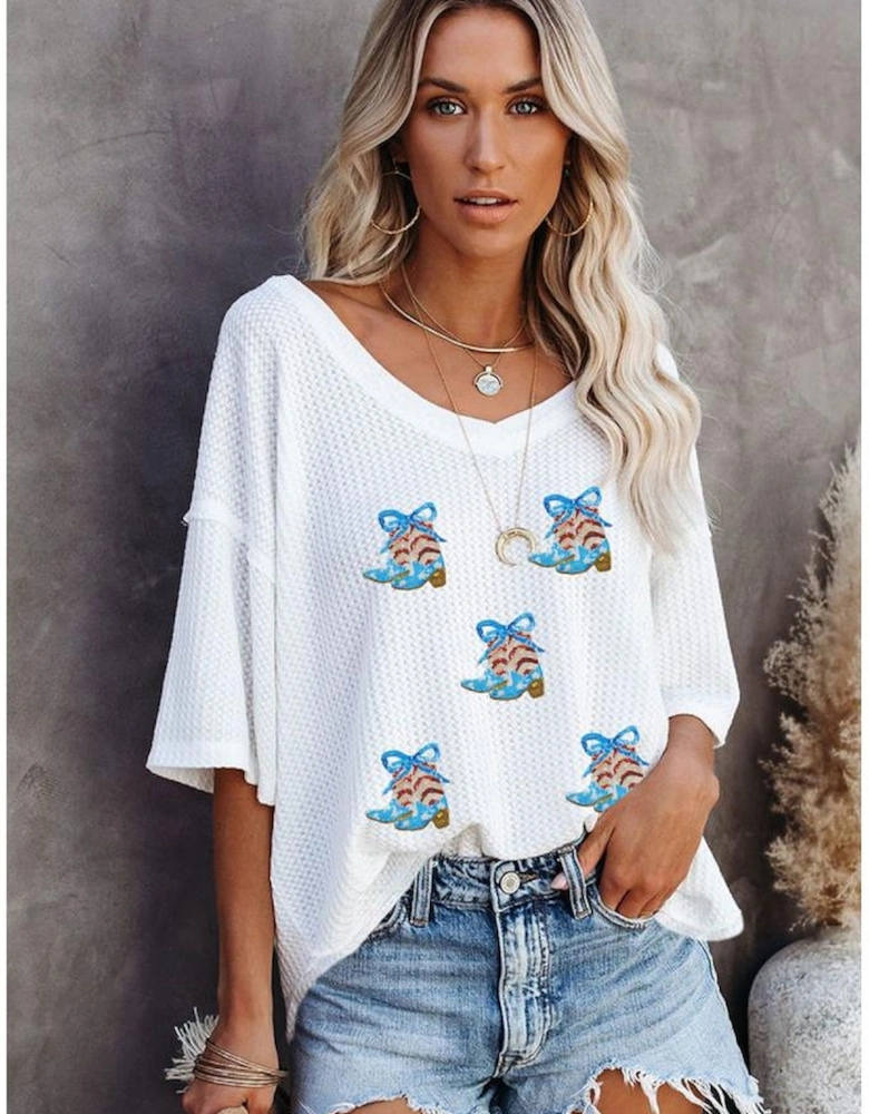 White Patriotic Bow Boots Patched Breathable Texture V Neck Loose Tee