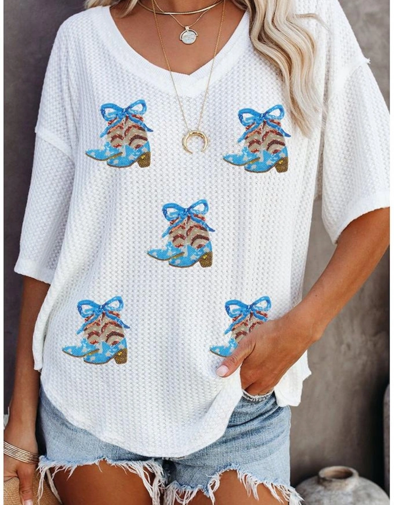 White Patriotic Bow Boots Patched Breathable Texture V Neck Loose Tee