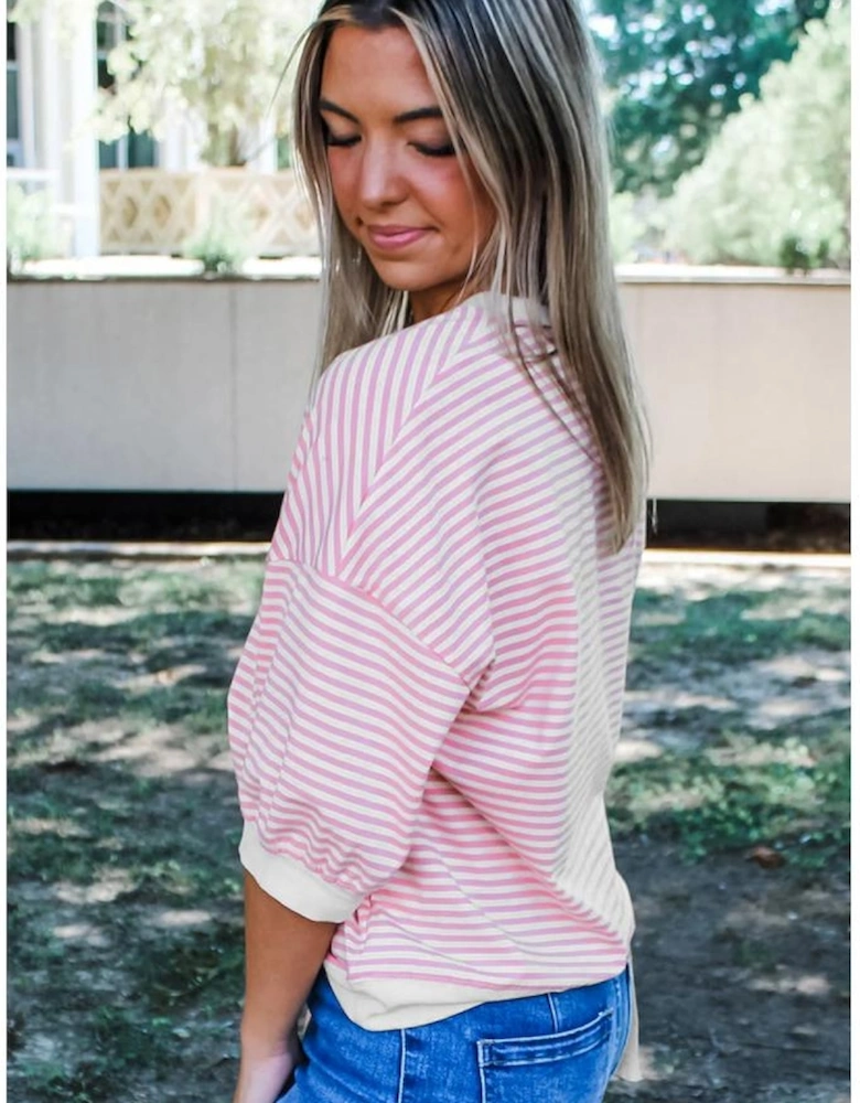 Pink Striped 3/4 Sleeve Drop Shoulder Top