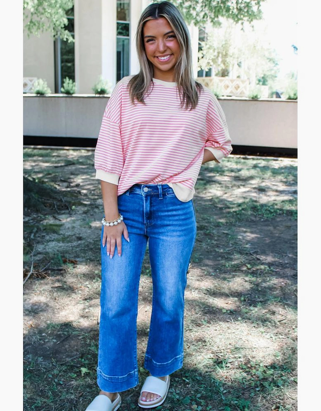 Pink Striped 3/4 Sleeve Drop Shoulder Top