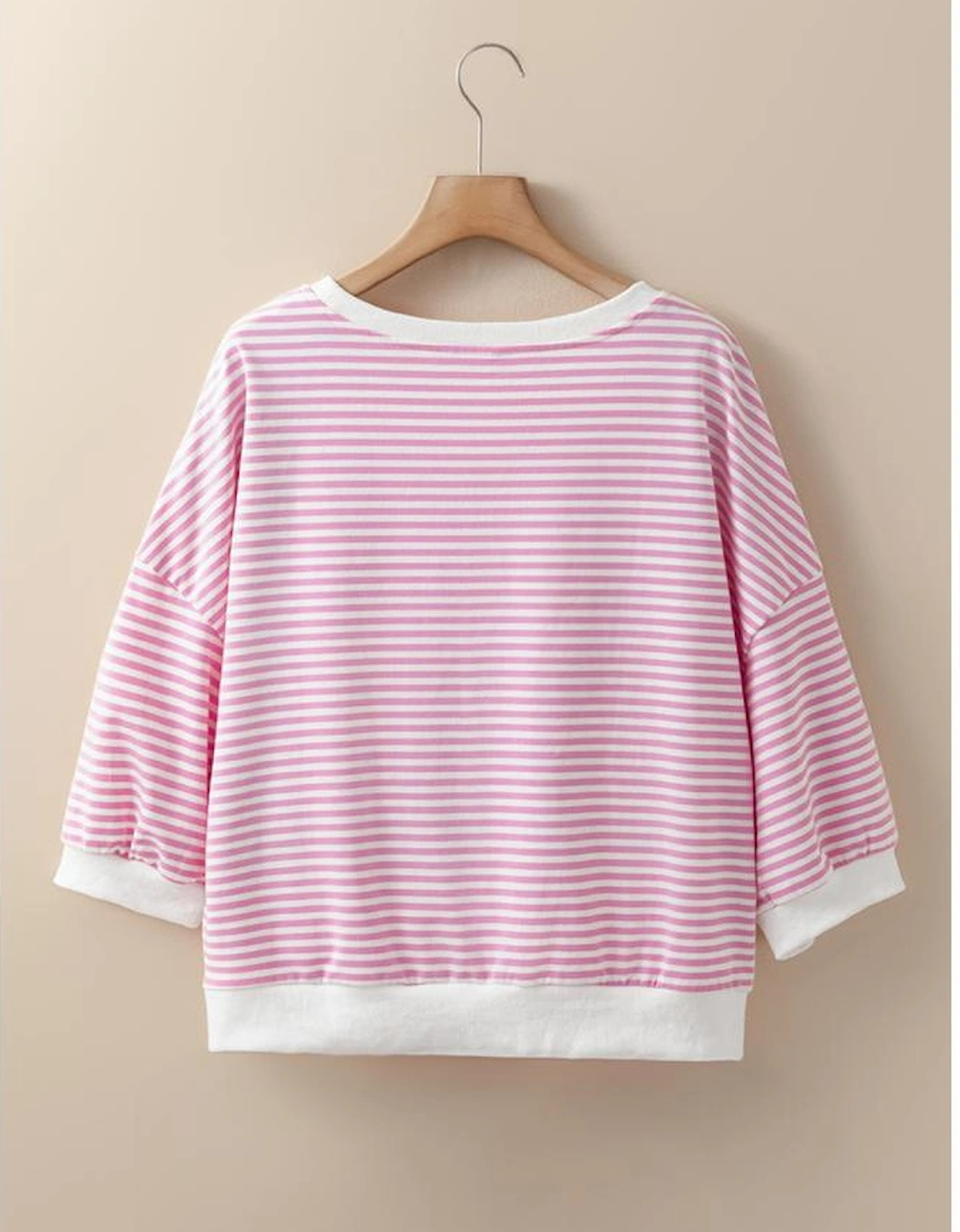Pink Striped 3/4 Sleeve Drop Shoulder Top