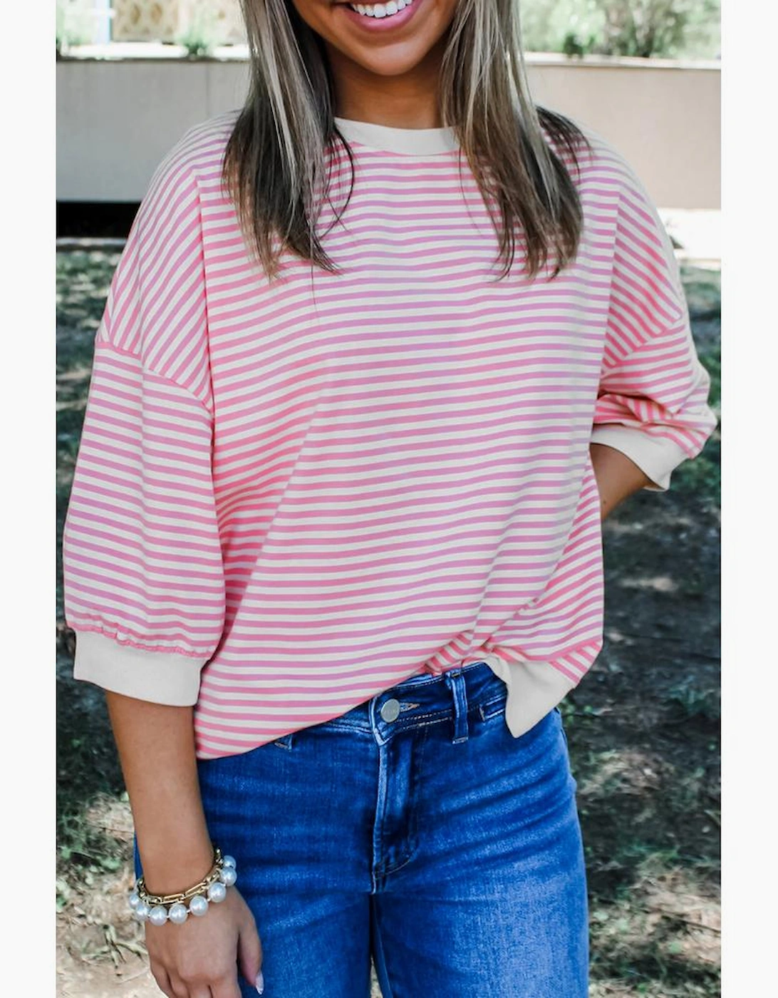 Pink Striped 3/4 Sleeve Drop Shoulder Top