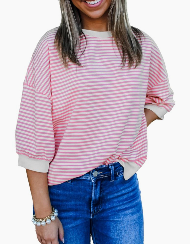 Pink Striped 3/4 Sleeve Drop Shoulder Top