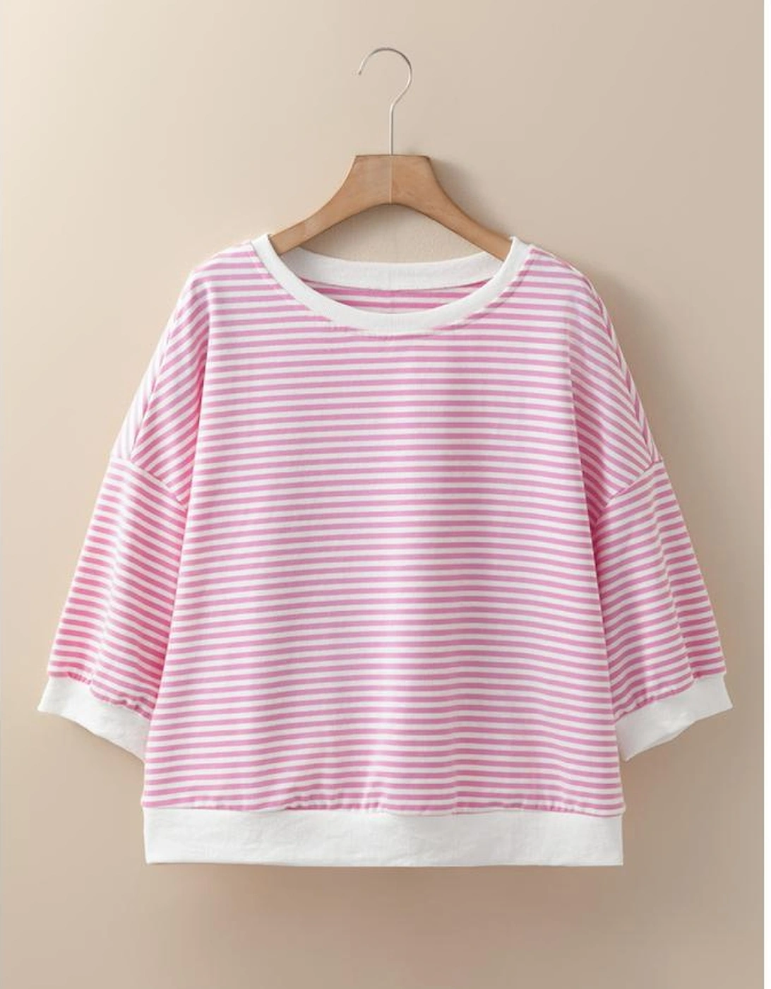 Pink Striped 3/4 Sleeve Drop Shoulder Top