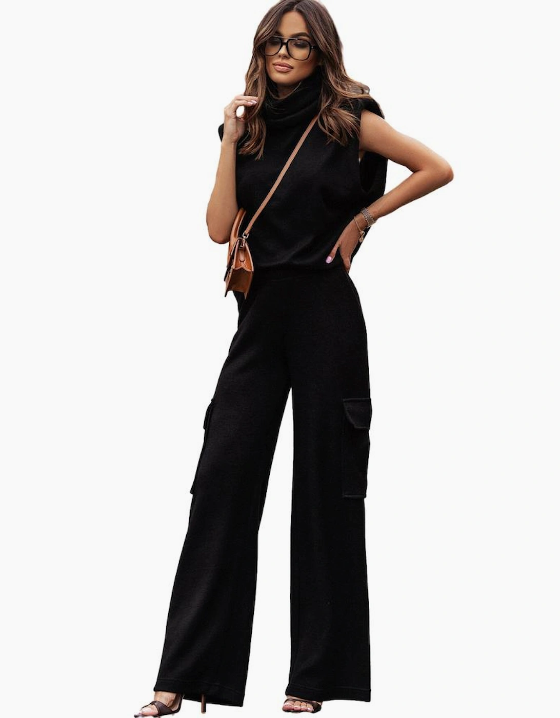 Black High Neck Sleeveless Vest and Cargo Pants Outfit