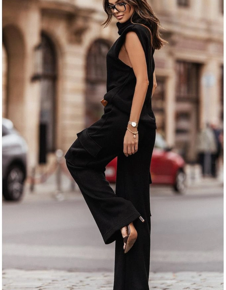 Black High Neck Sleeveless Vest and Cargo Pants Outfit