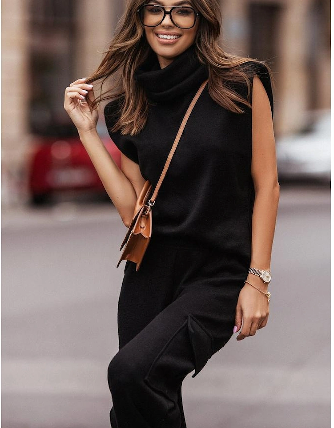 Black High Neck Sleeveless Vest and Cargo Pants Outfit, 6 of 5