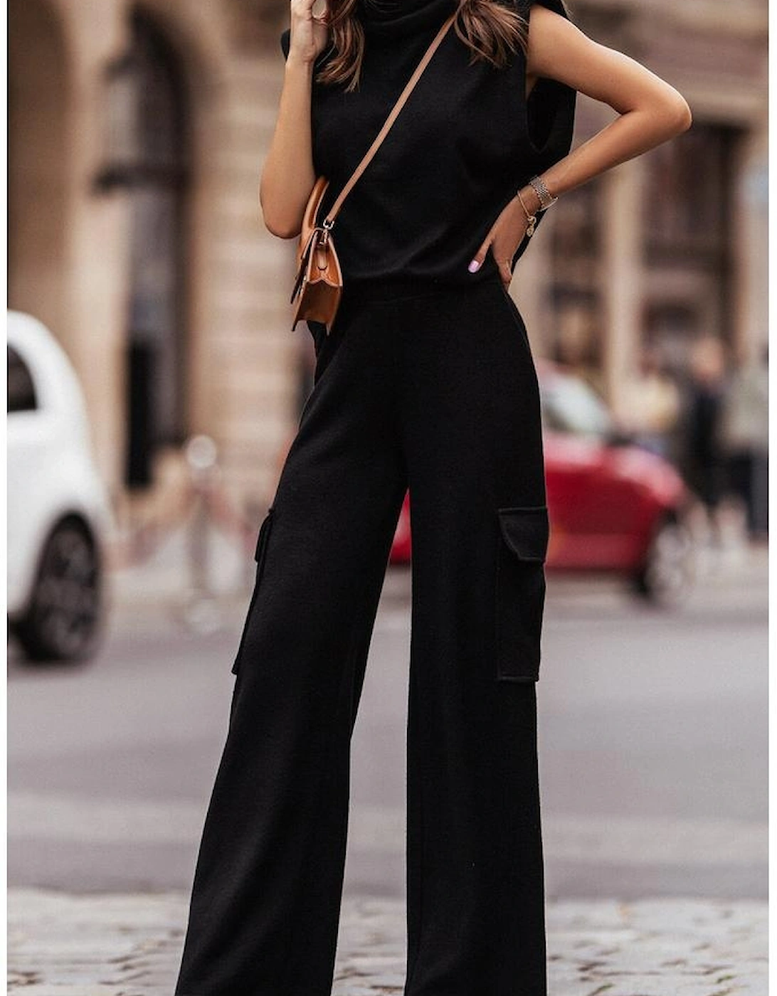 Black High Neck Sleeveless Vest and Cargo Pants Outfit